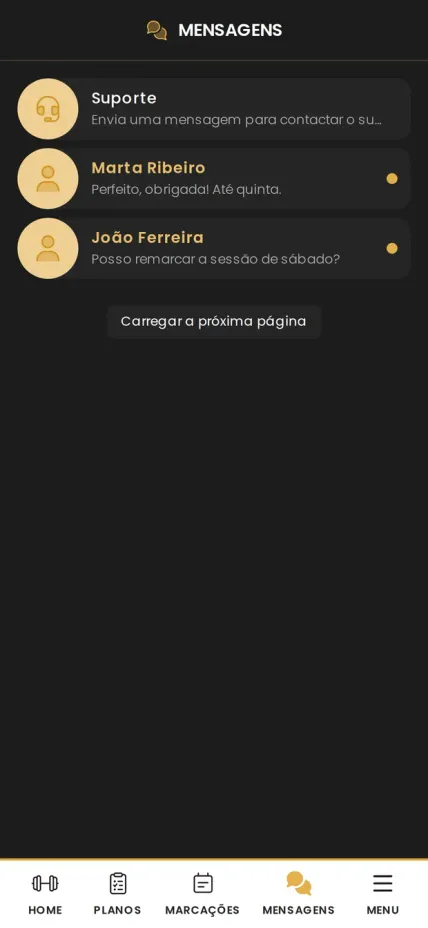 Lista de mensagens na app greatr, com a conversa de cada cliente.