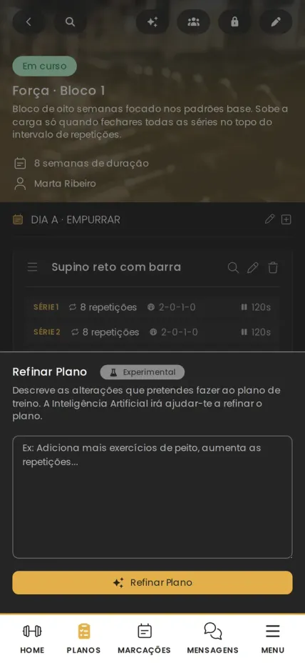 Painel de refinamento de um plano com IA na app greatr.