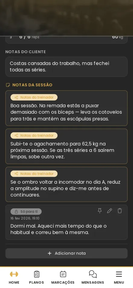 Notas do treinador na app greatr, tal como o cliente as lê depois da sessão.