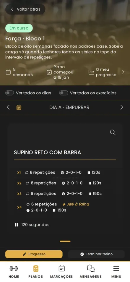 Plano de treino do dia na app greatr, com o exercício, as séries, as repetições e o descanso.