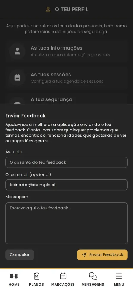 Ecrã de feedback na app greatr, onde escreves o assunto e a mensagem para a equipa.