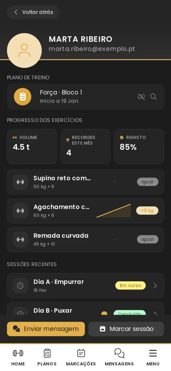 Página de um cliente na app greatr, com o volume total, os recordes do mês, o registo do plano e a evolução por exercício.