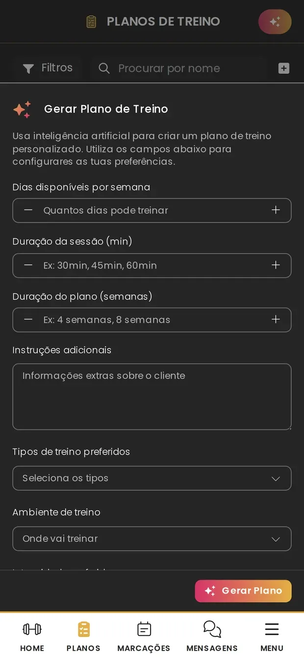 Formulário de geração de plano de treino com IA na app greatr, com os dias por semana, a duração da sessão e as preferências.